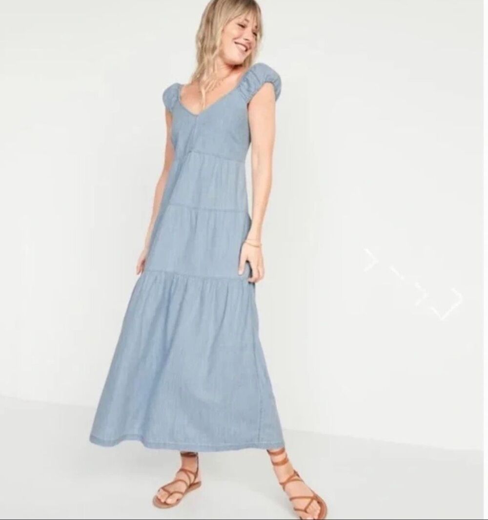 Old Navy Denim Tiered Cap Sleeve Fit Flare All Day Maxi Dress Medium Peasant